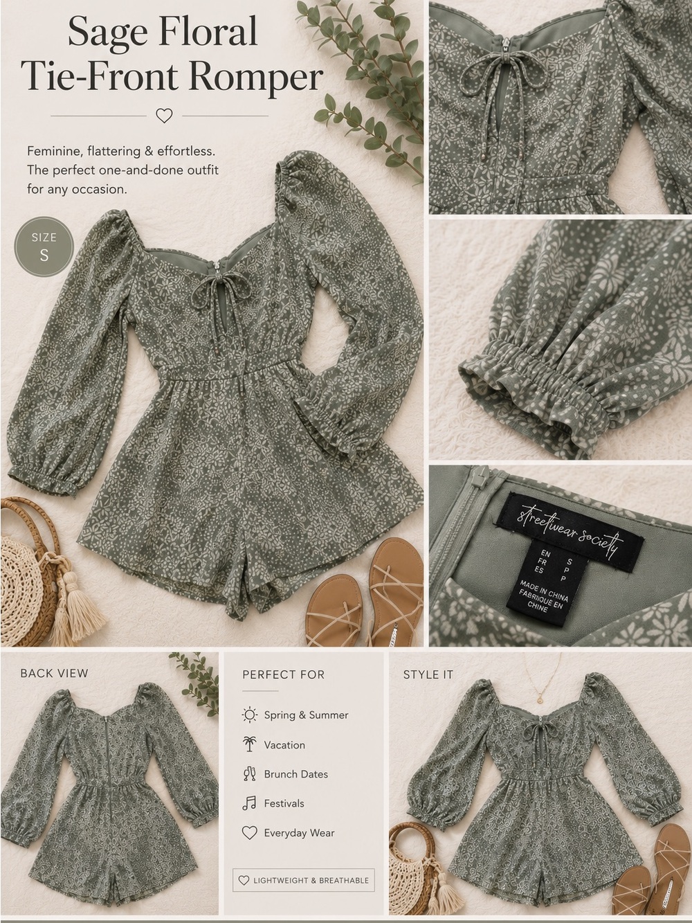 Sage Floral Tie-Front Romper with Bell Sleeves